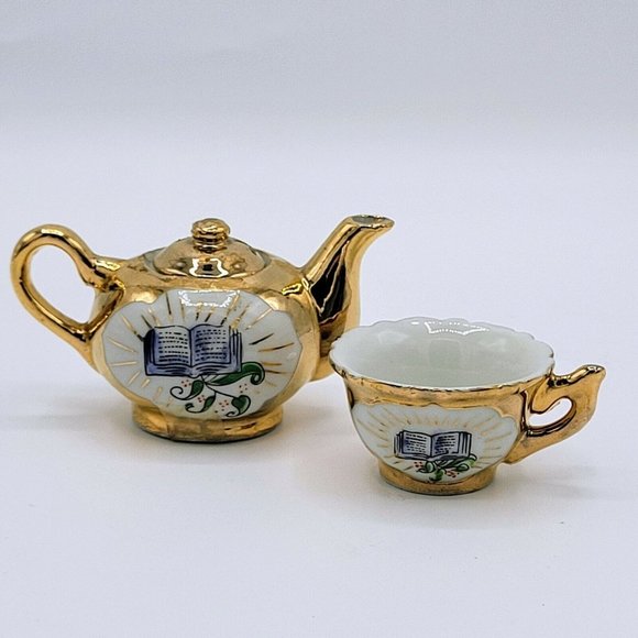 Miniature Teapot And Teacup Vintage Bible Print Religious Gold Plate Doll Teapot - Picture 1 of 12